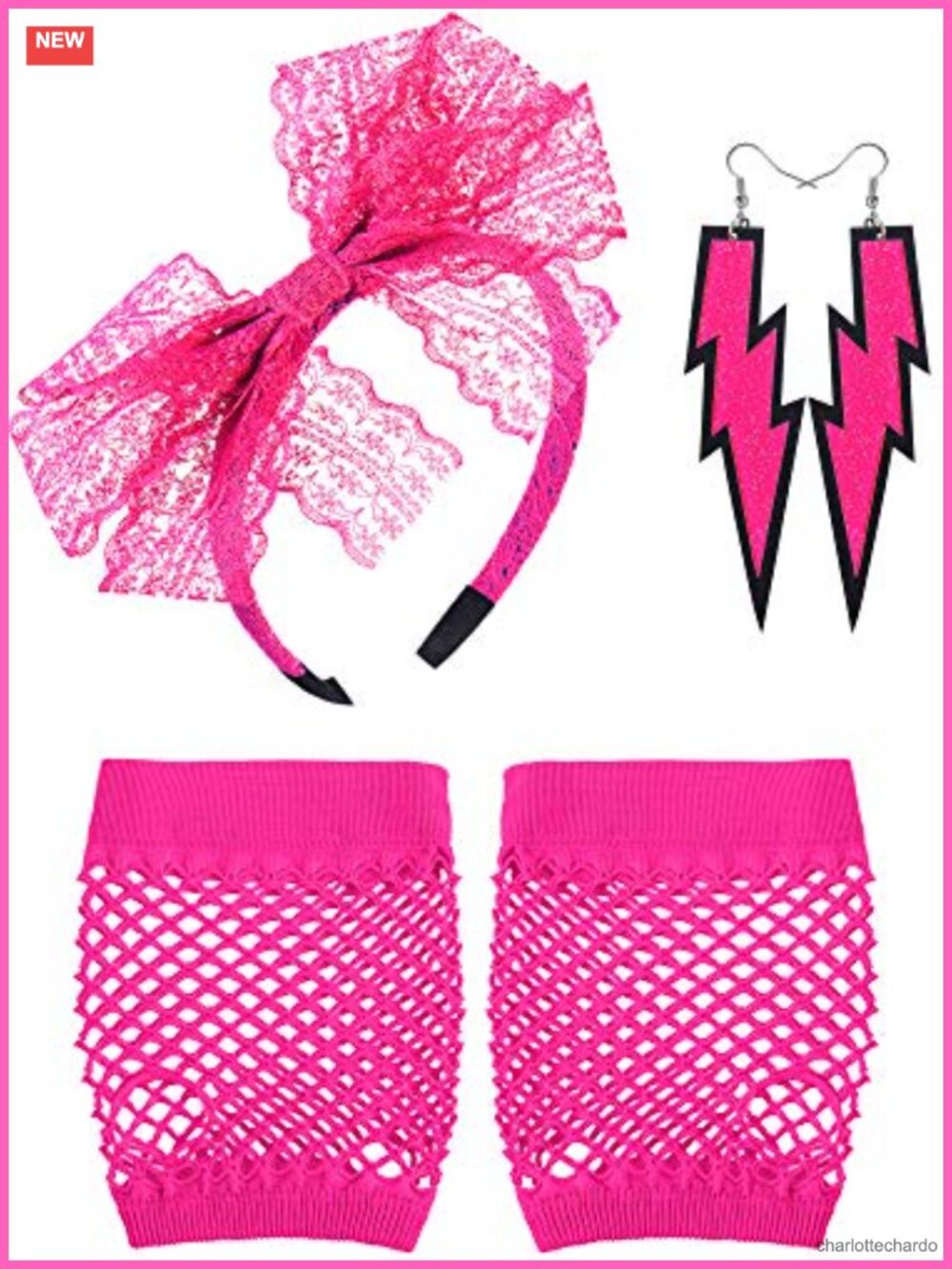 3 Pc 80s Costume Accessory Set Lace Headband Fishnet Gloves Neon Earrings